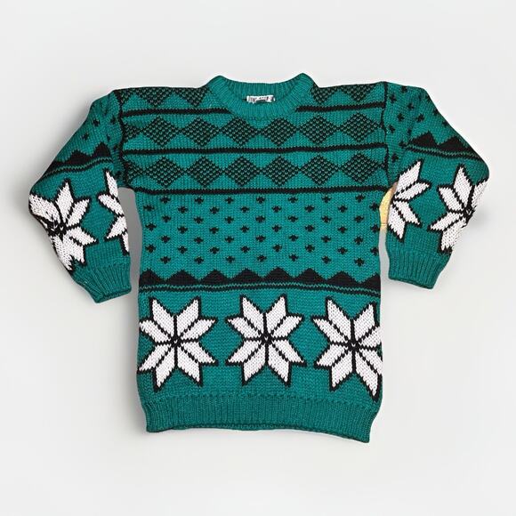 Vintage One Step Up Sweater Small Green Black White Snowflake Knit Taiwan - Picture 1 of 3